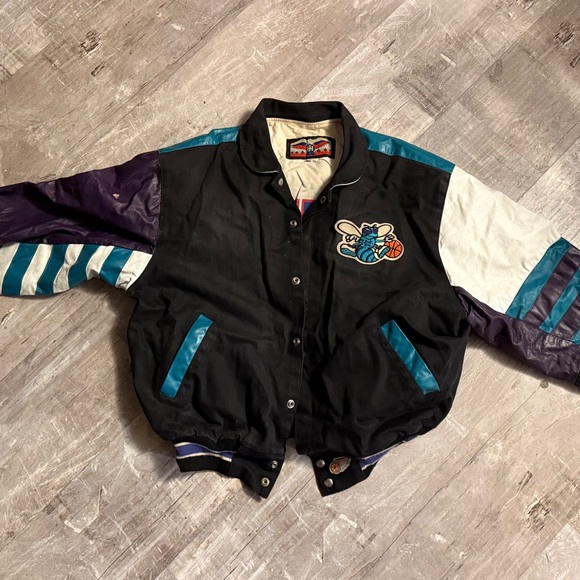 Vintage Jeff Hamilton charlotte hornets NBA leather Jacket - Black, Purple, Teal